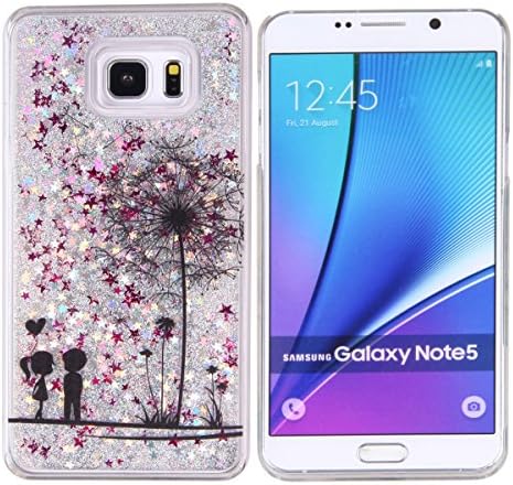 Daminfe Galaxy Note 5 Liquid Case, Funny Flowing Sparkle Glitter Bling Silver Stars Crystal Clear Transparent Hard Back Case for Samsung Galaxy Note 5(Dandelion Flower Boy Girl)