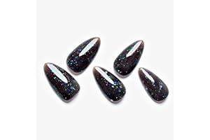 Press On Nails Medium GLAMERMAID, Solid Black Almond Fake Nails with Design Star Glitter Stiletto Glue on Nails for Women Reusable False Nail Sets, 48Pcs Adhesive Tabs Nail File, Cuticle Stick