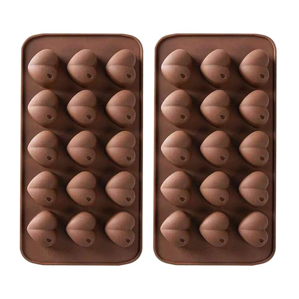 Heart Shape Silicone Chocolate Molds, 2 Pieces 15-Cavity Non-Stick Candy Jelly Moulds Gummy Molds Ice Cube Valentine Baking Moulds for Cake Decoration