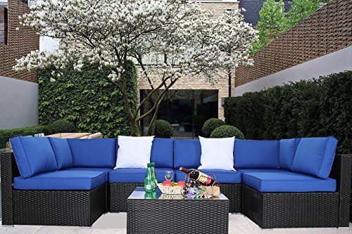 JETIME Outdoor Black Woven Rattan Couch Wicker 7PCS Sectional Conversation Sofa Set Lawn Garden ...