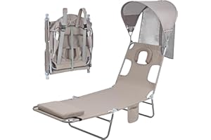 MINNDUDU Backpack Beach Tanning Chair with Canopy Sun Shade & Face Hole, 6 Position Folding Lounge Sun Chair for Adults Outside Reading Sunbathing Poolside Camping Lawn, UPF 50+, Patent Design