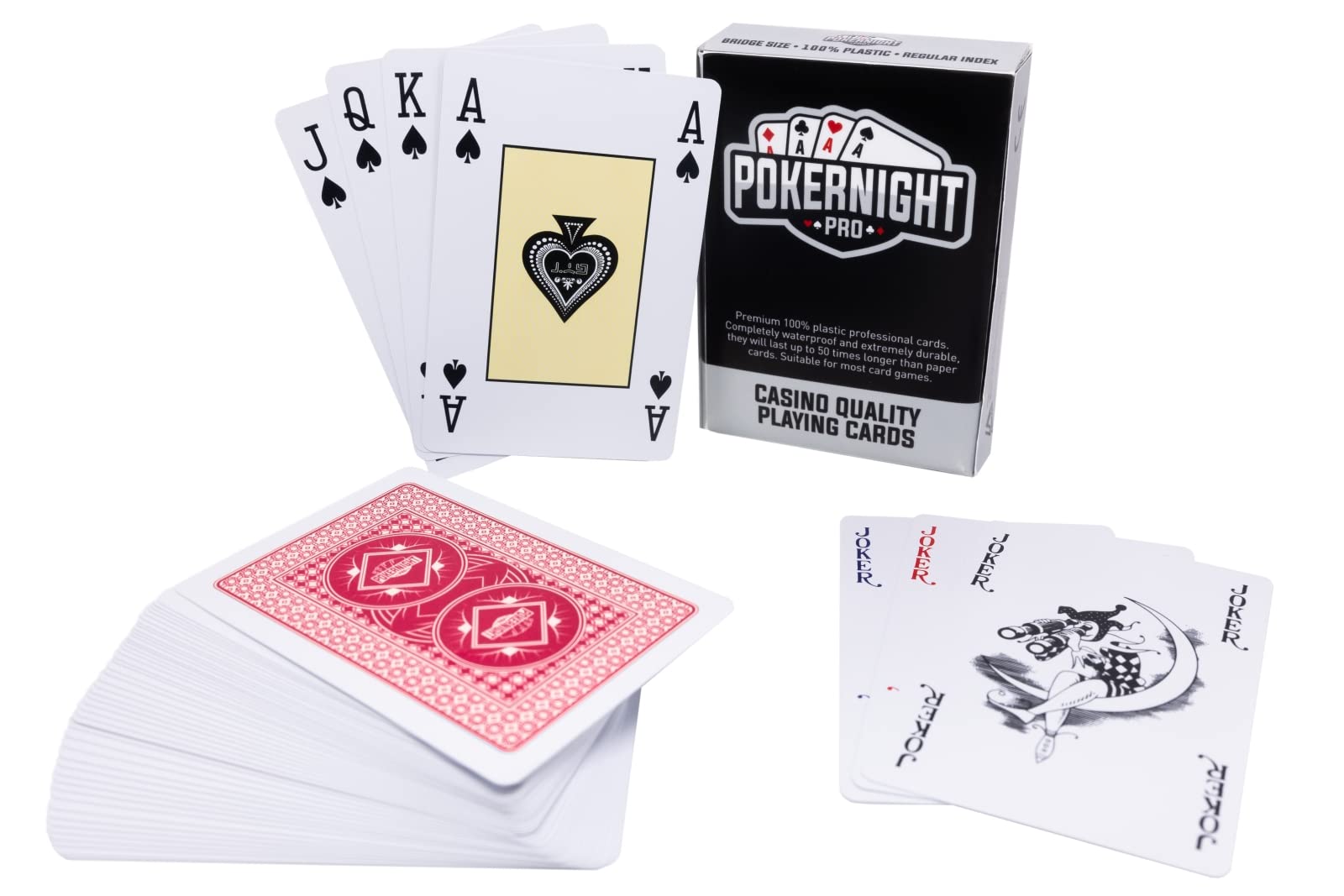 Poker Night Pro Deck of Playing Cards | UK Brand | Plastic 100% Waterproof (Red Backs) | Premium Deck | Bridge Rummy Canasta (3 Jokers)