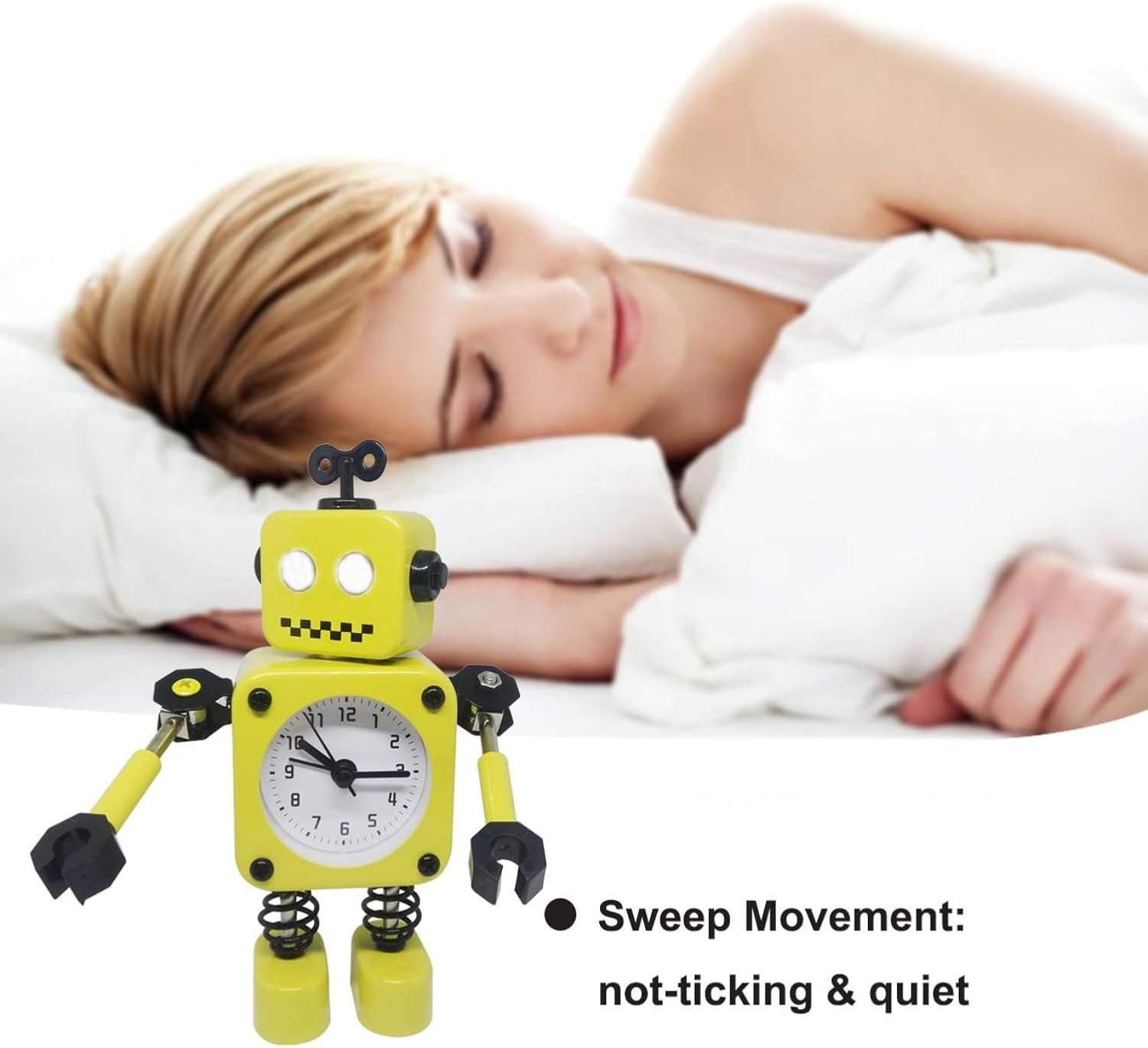 Diskary Robot Alarm Clock,Stainless Metal Non-Ticking Wake-up Clock with Flashing Eye Lights and Rotating Arm,Gift to Children (Yellow) - Image 5