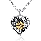 MZC Jewelry Sunflower Heart Cremation Urn Necklace for Ashes Women Men Keepsake Stainless Steel Memorial Pendant for Dad Mom Human Ashes