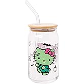 Silver Buffalo Sanrio Hello Kitty Halloween Spooky Frankenstein Glass Jar Tumbler with Bamboo Lid and Glass Straw, 16 ounces