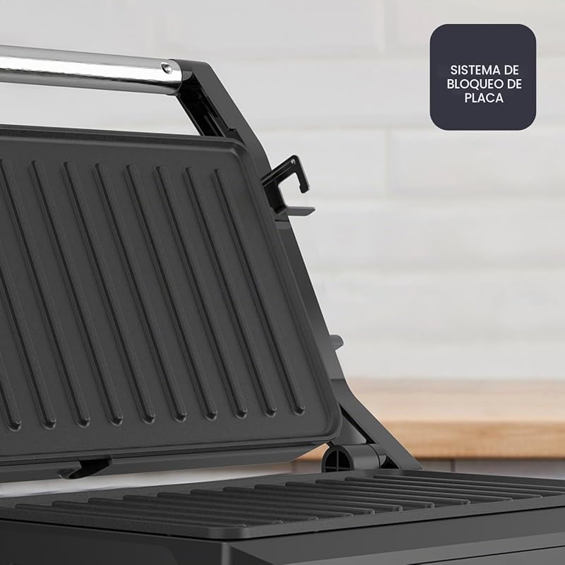- Parrilla Grill 1000W, Apertura 180°, Antiadherente, Plancha
