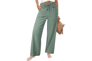 Cotton Linen Pants Womens Wide Leg Palazzo Pants Dressy Casual Work Trousers with Pockets High Waist Summer Trousers