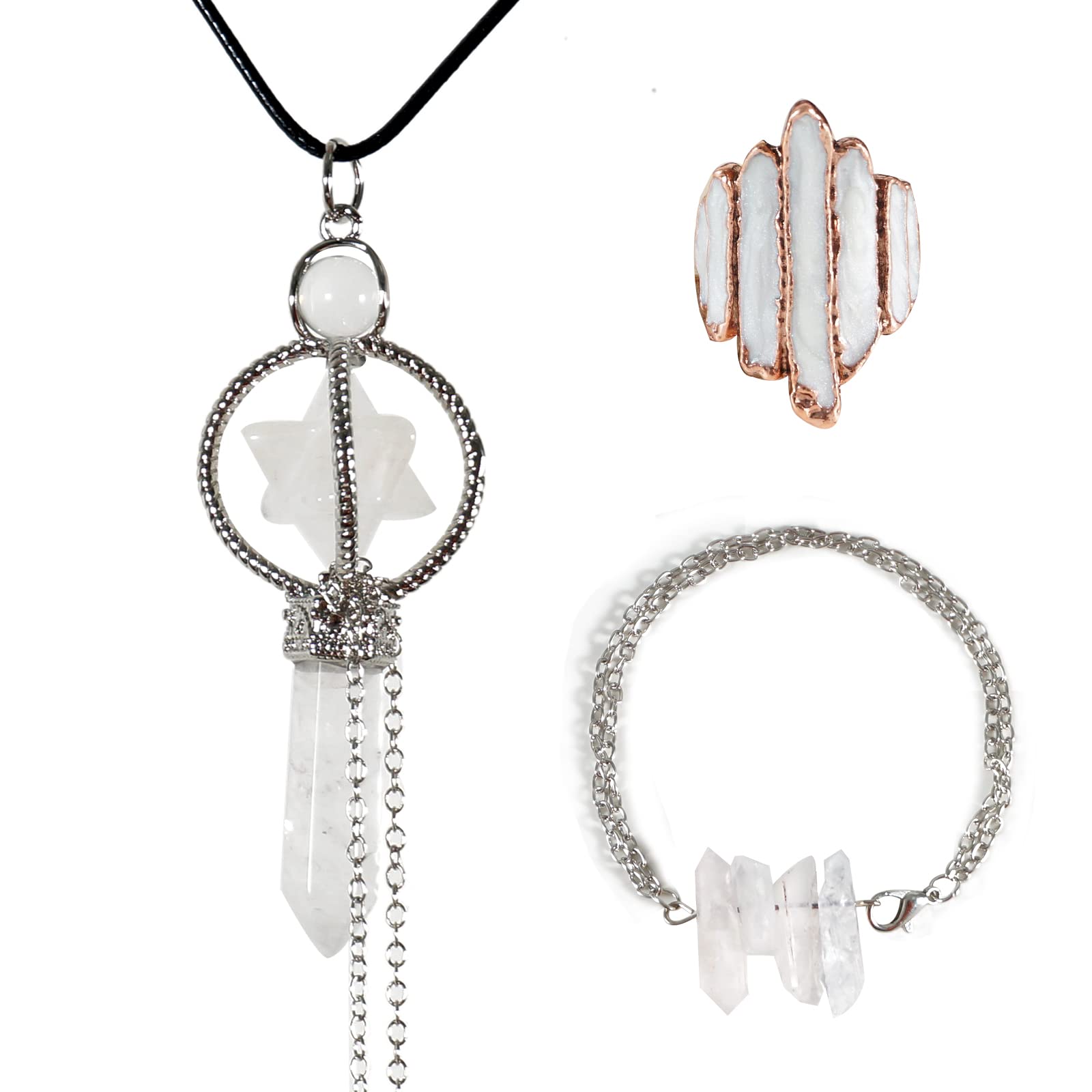 Soulnioi Healing Crystals Necklace Set, 1pc Melkaba White Crystal Necklace, 1pc White Crystal Bracelet, 1pc White Crystal Ring, for Spiritual Energy Healing