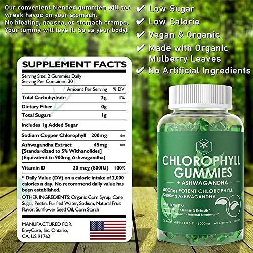 Chlorophyll Gummies, High Potency 200mg, with Organic Ashwagandha