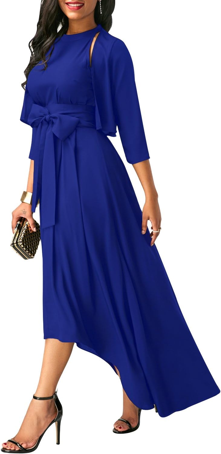 solersun cocktail dress Womens Elegant Jacket Belt Formal Asymmetrical Long Dresses Shein Size:US 6 / UK 10 / EU 36 colour-group:grey Blue Dresses – Club