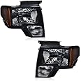 DOTCOM Headlights Assembly, Compatible with 2009-2014 Ford F150 09-14 Headlamp, Driver and Passenger Side, Smoky lens Black Housing Amber Reflector,Not Fit Led Style,Only Fit Without Led Style