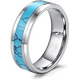 POYA 8mm Tungsten Wedding Band Turquoise Rings for Men Beveled Edges Comfort Fit