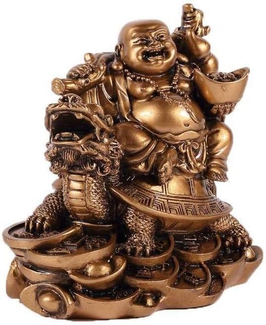 Laughing Buddha on Dragon Tortoise, Gold, 12x10x12cm - Image 3