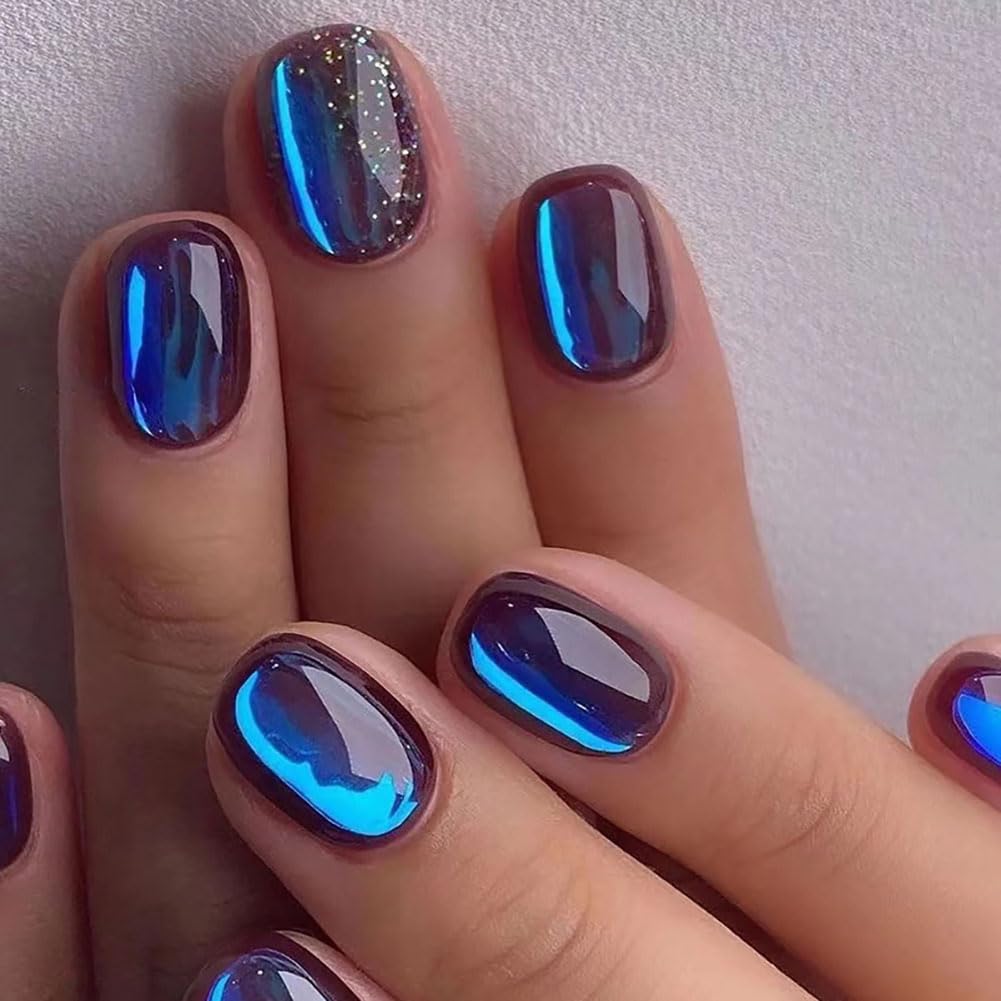 Wedity 24Pcs Galaxy Blue Red False Nails Short Fake Nails Press On False Nails for Women Girls