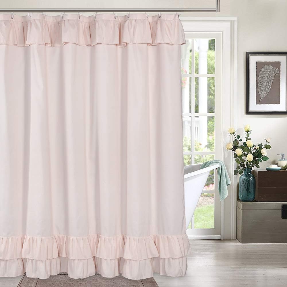 YOSTEV Pink Ruffle Shower Curtain Farmhouse Fabric Cloth Shower