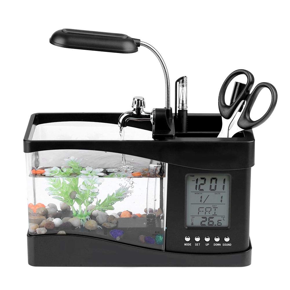4 in 1 Novelty Pen holder with Mini Aquarium, Alarm Clock Function and LED Lamp. Suitable for Desktop Decoration. Suitable als Gift for friends, Family members(black)