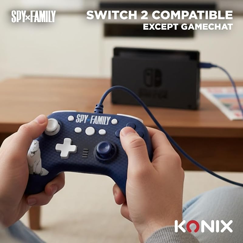 Spy x Family Manette filaire pour Nintendo Switch, Switch 2 et PC - Fonction vibration - Câble 3 m - Motif Anya et Bond Forger - Bleu