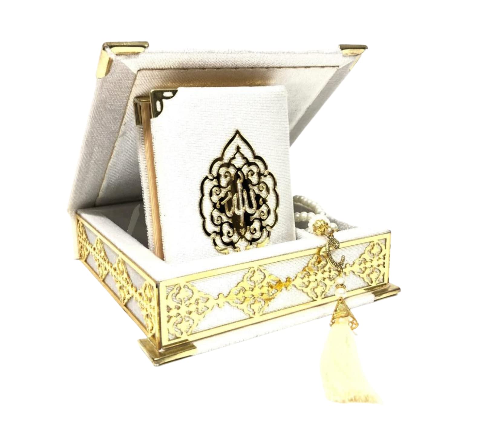 Prien Velvet Quran Pearl Prayer Bead Set, Islamic Gifts for Eid Ramadan, Portable Box, Muslim Home Decor, Figured Gift Boxes Tasbih, Cute Mawlid for Umrah, Mosque, Praying, Special day (Ecru) — image 1