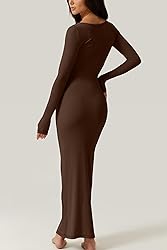 QINSEN Womens Soft Lounge Long Sleeve Dress Ribbed