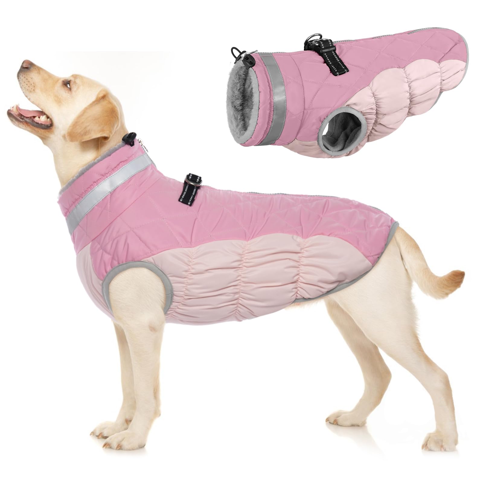 Dog Coat Waterproof, Winter Jacket Cold Weather Warm Coat Adjustable Dog Winter Clothes with Safe Reflective Strips & Harness Hole(Pink, L)