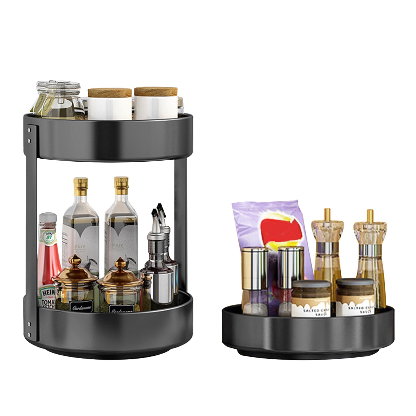 Rotating Spice Rack Turntable 2 Packs, Multi-Functional Non-slip Stainless Steel Revolving Cupboard Organiser, Black Kitchen Storage Spice Jars Holder for Sundries Pantry Cabinet Seasoning Condiments