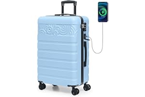 Krute Luggage Suitcase with Spinner Wheels 24-Inch Hardside Checked Luggage with USB Charging Port & TSA Lock Lightweight PC+ABS LightBlue