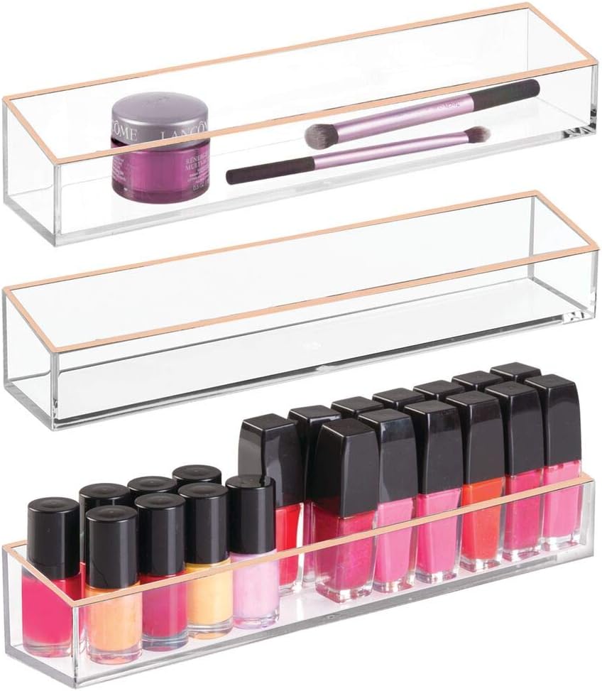 mDesign Plastic Cosmetic Organizer with Compartments for Bathroom Vanity, Countertop or Cabinet to Hold Nail Polish, Makeup, Moisturizer, Lipstick, Beauty Accessories - 3 Pack - Clear/Rose Gold