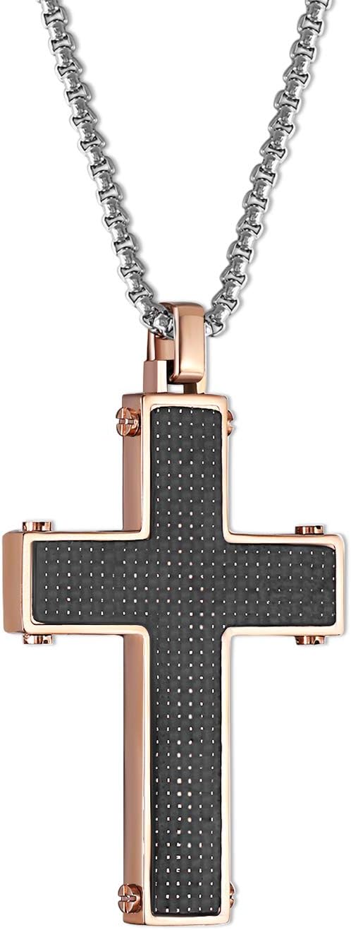 QLEESI Mens Cross Necklace Stainless Steel for Teens Black Carbon Fiber Crucifix Pendant Necklace Jewelry Valentine's Day Gift for Husband Boyfriend 18-20 Inches