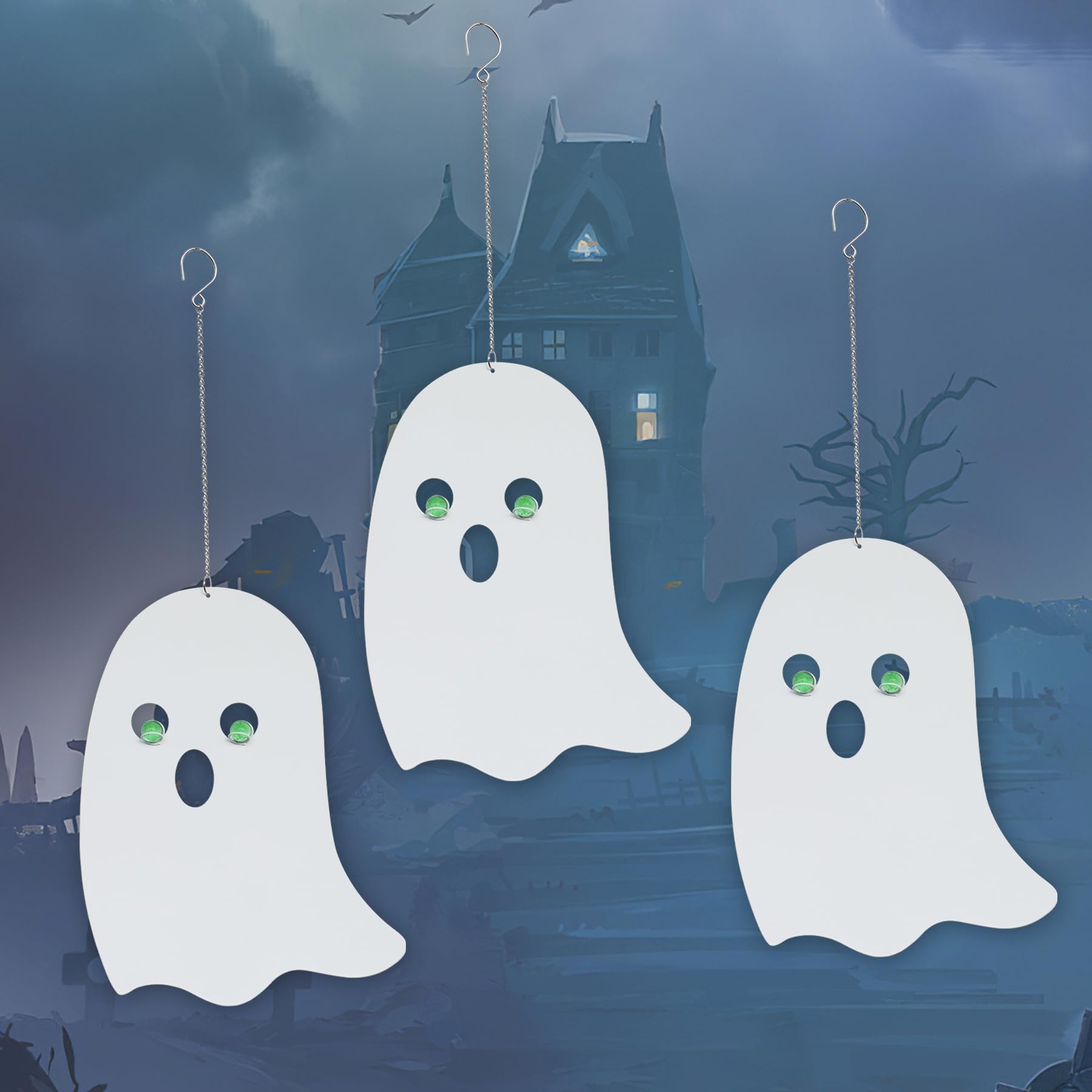 Photo 1 of VinSees Halloween Metal Ghost Hanging Decorations for Yard Porch Outdoor Indoor, Halloween Decorative Metal Ghosts Hanging Decor with Glowing Eyes in The Dark, Set of 3 (Ghosts)