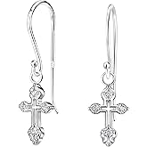 925 Sterling Silver Christian Cross Dangle Drop Earrings for Women, Cubic Zirconia CZ