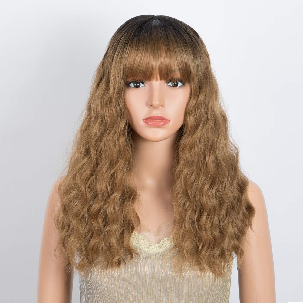 DÉBUT Long Bob Wigs Curl Lob Wigs Synthetic Hair Replacement 18 inches 203g blunt thick Bangs (OT27: HONEY Blonde with Dark Root)