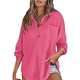 Women’s Waffle Knit Tops Loose Long Sleeve Tops Button Up Henley Shirts V Neck Solid Color Casual Tunic Pullover Tops