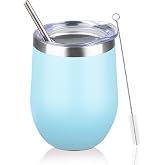 12oz Insulated Wine Tumbler with Lid Travel Wine Glass(Light Blue 1) | DIW 18/8 Stainless Steel Small Travel Coffee Mug with 