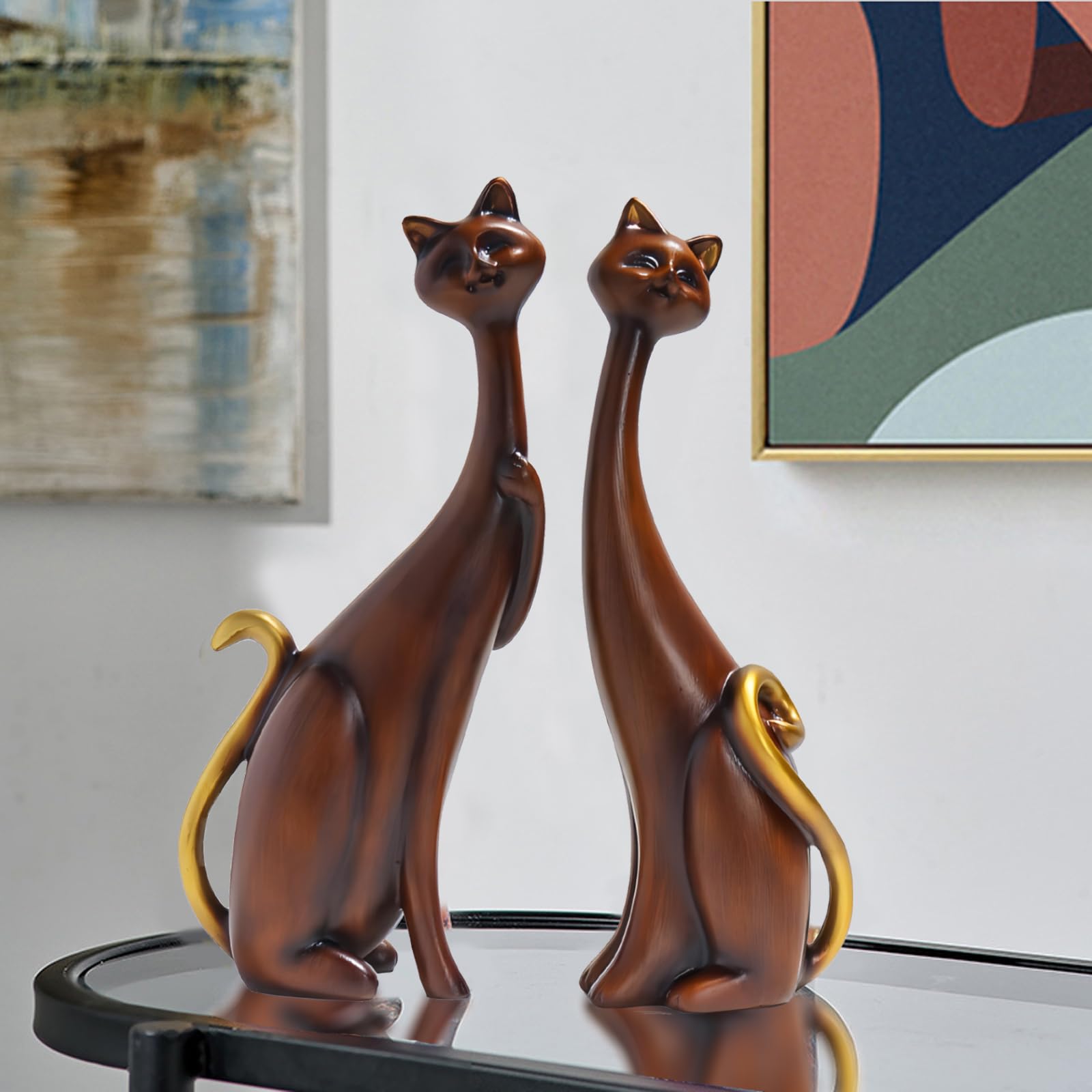 LIKEUDO Set of 2 Resin Cat Statues Sculptures Cat Figurine (Wood grain)