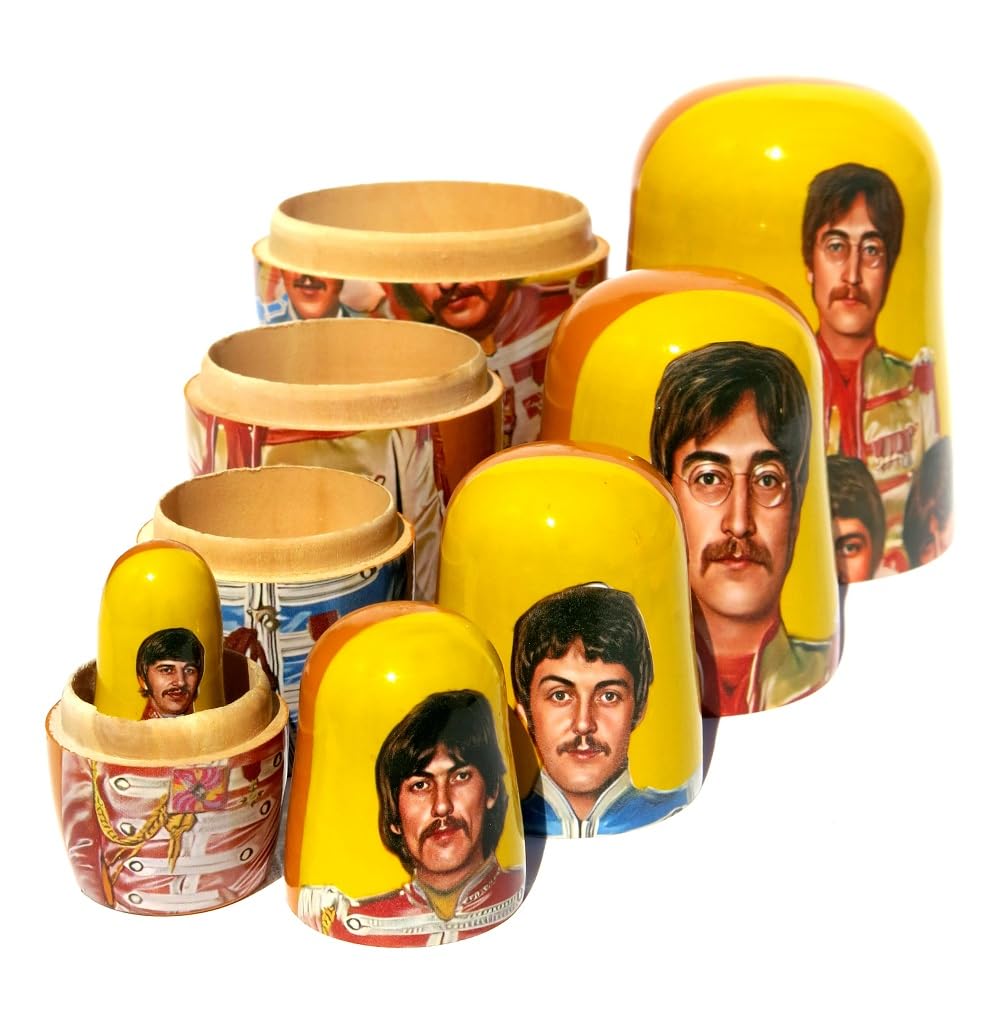 New The Beatles SGT. Pepper's Russian Style Nesting Doll 5 Piece Stacking Matryoshka Portrait Memorabilia Wooden Doll in Doll Set 5.5-6 Inches Tall