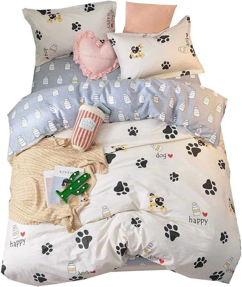 BHUSB Cute Kids Cartoon Cotton Duvet Cover Queen Set with Dog Paw Print 3 Piece Animal Bedding Sets Full White Gray for Boys Girls Teens Bedding Collection with Hidden Zipper,4 Corner Ties