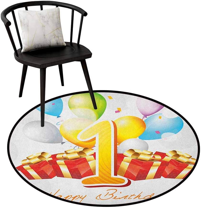 3D Printing Round Area Rug 1st Birthday,Little One Toddler First Party with Boxes and Must Have Colorful Balloons, Red and Yellow,for Living Room Bedroom Kids Room Nursery 35" inch