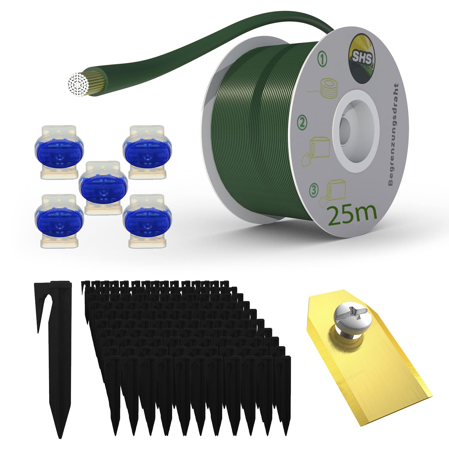 25 m Boundary Cable + 25 Ground Spikes + 5 Cable Connectors + 30 Blades for Robotic Lawnmower Lawn Mower Lawn Robot Accessory Set Boundary Wire for Search Cable - Compatible with Gardena Husqvarna