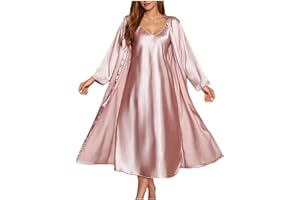 Satin Nightgown and Robe Sets for Women 2 Piece Sexy V-Neck Silk Slip Dress Long Chemise Sleepwear Pajamas with Belt