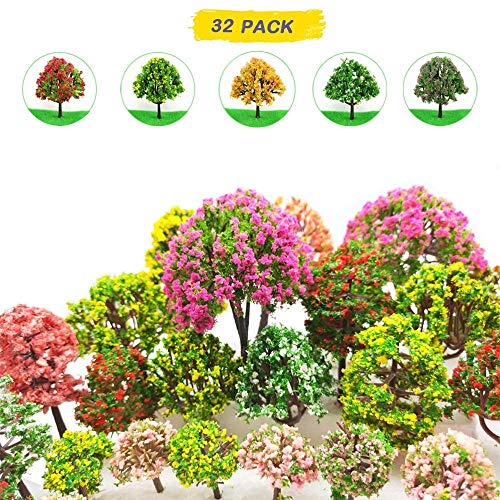 MOMOONNON 32 Pieces Model Trees 3.5cm - 10cm Mixed Model Tree Train Scenery Architecture Trees Fake Trees for DIY Crafts, Building Model, Scenery Landscape Natural Green