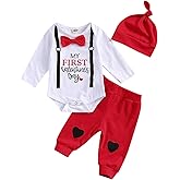 Gureui My First Valentines Baby Boy Outfit Newborn Long Sleeve Romper Onesie Heart Print Pants Hat Toddler Infant Clothes