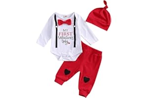 Kuriozud Baby My First Valentine's Day Outfits Long Sleeve Romper Bodysuit Top Pants Hat 3 Piece Clothes Set