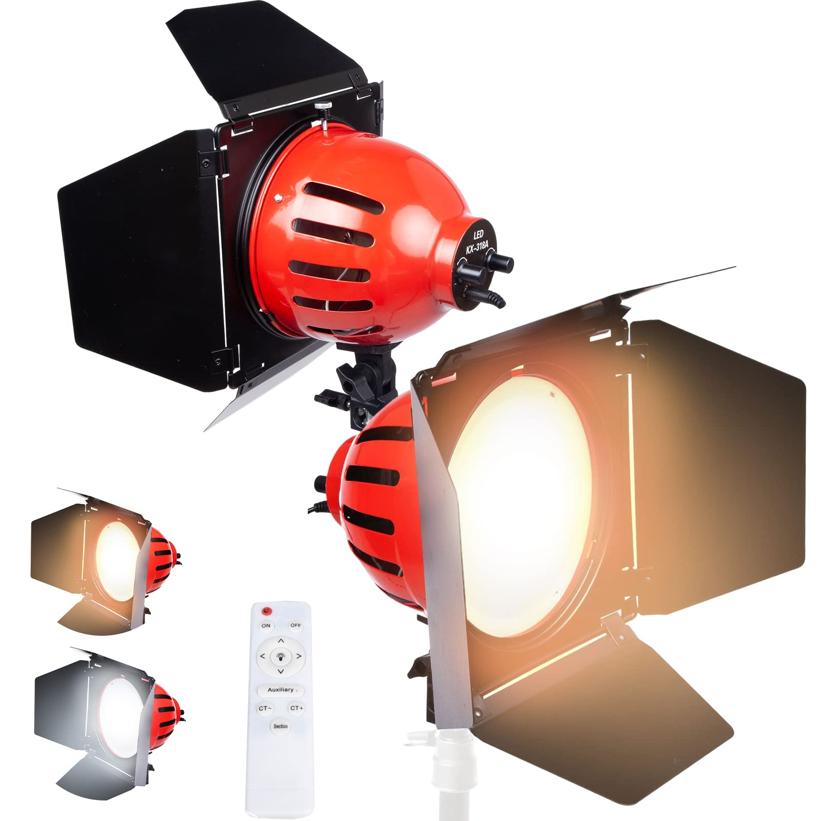 LED Video Light Dimmable Bi-color Continuous Lighting 3000K-6500K Redhead Spotlight with Barndoor and Remote Control, for Studio, YouTube Outdoor Video Photography Lighting Kit