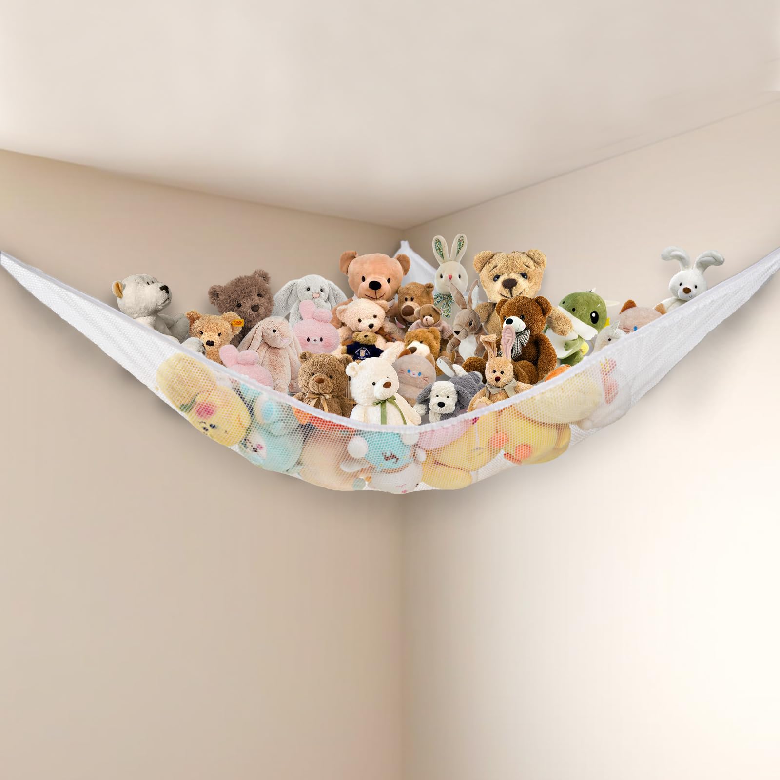 Powkoo Stuffed Animal Net Hammock Corner Large Toy Storage Organizer Holder Plushies Stuffy Storage Hammock for Kids Baby Nursery Bedroom Playroom Home Wall Room Decor (White) — image 1