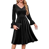 Meetjen Women's Velvet Midi Dress V Neck Long Sleeve Elastic Waist Smocked Elegant Cocktail Party Dresses 2025