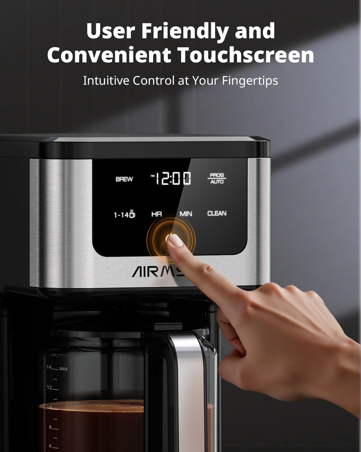 AIRMSEN Cafetera de goteo programable de 14 tazas – Cafetera de preparación rápida de 1000 W con temporizador, inicio diferido y mantenimiento del calor en 2 horas, tanque de 73 oz, pantalla táctil y jarra de vidrio – Perfecta para uso en el hogar y la oficina
