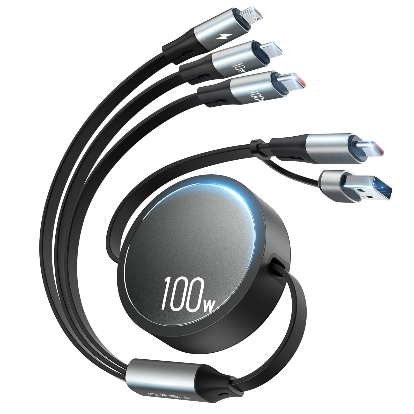 Photo 1 of CAFELE 100W Retractable USB C Cable, 6-in-1 Multi Charging Cable, USB A/C 5A Fast Charger Cord for Multiple Devices with Type C/L/Micro Ports for Phone 16 15 14 Pro Max, S24/S23, McBook, Pad (3.6ft)