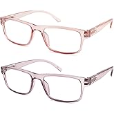 FEIVSN High Magnification Reading Glasses for Men Women with Strong Power TR Rectangular Frame Readers Spring Hinge, Pink + Purple, 7.00