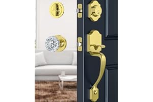 Calzibeno Satin Brass Front Door Handle and Deadbolt Set, Front Door Lock Set with Crystal Glass Door Knob, Exterior Door Lock Set with Single Cylinder, Reversible for Right & Left, Gold