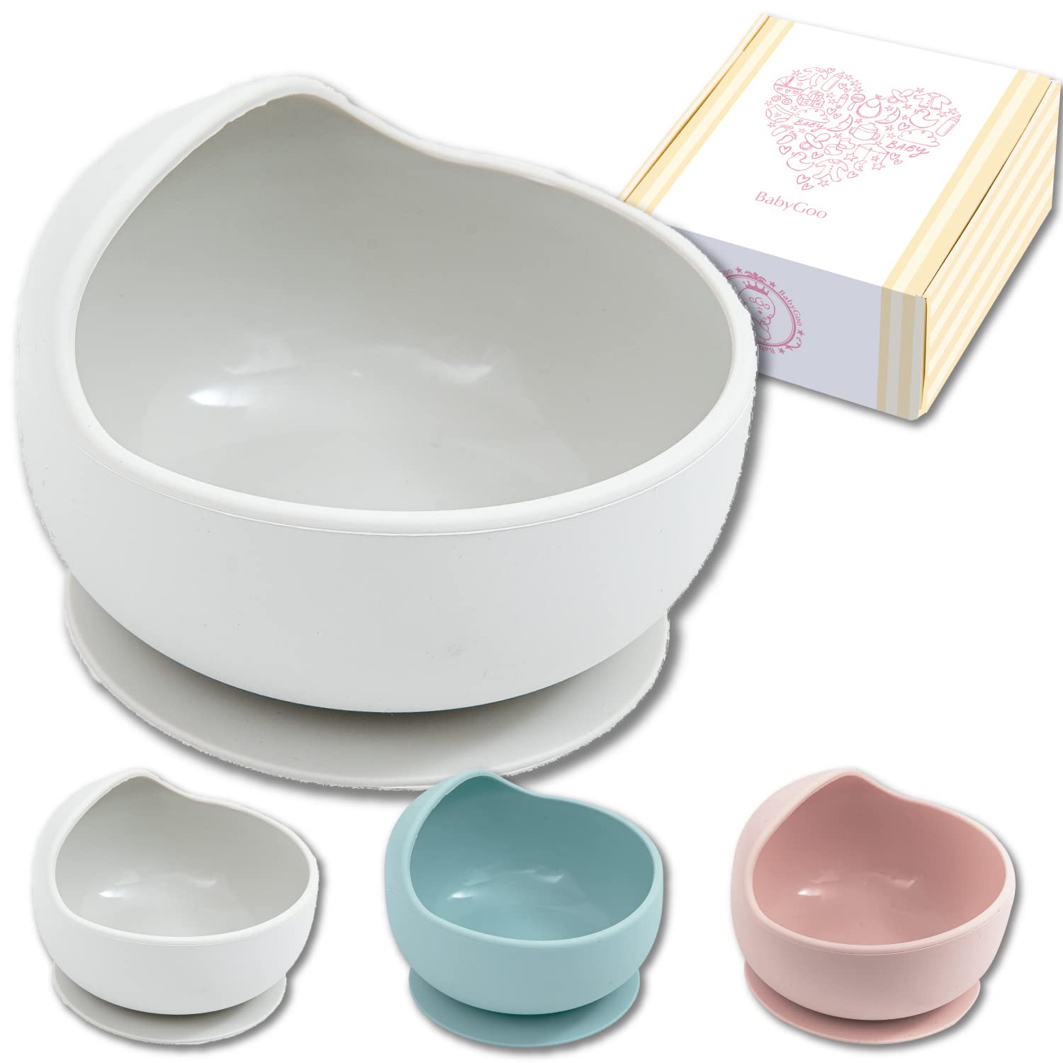 BabyGooⓇ ベビー食器 ボウル ひっくり返らない 食品衛生検査済み 赤ちゃん 離乳食 食器 吸盤 すくいやすい シリコン くっつく お皿 赤ちゃん 人気 出産祝い (スモーキーホワイト, ボウル単品)商品画像